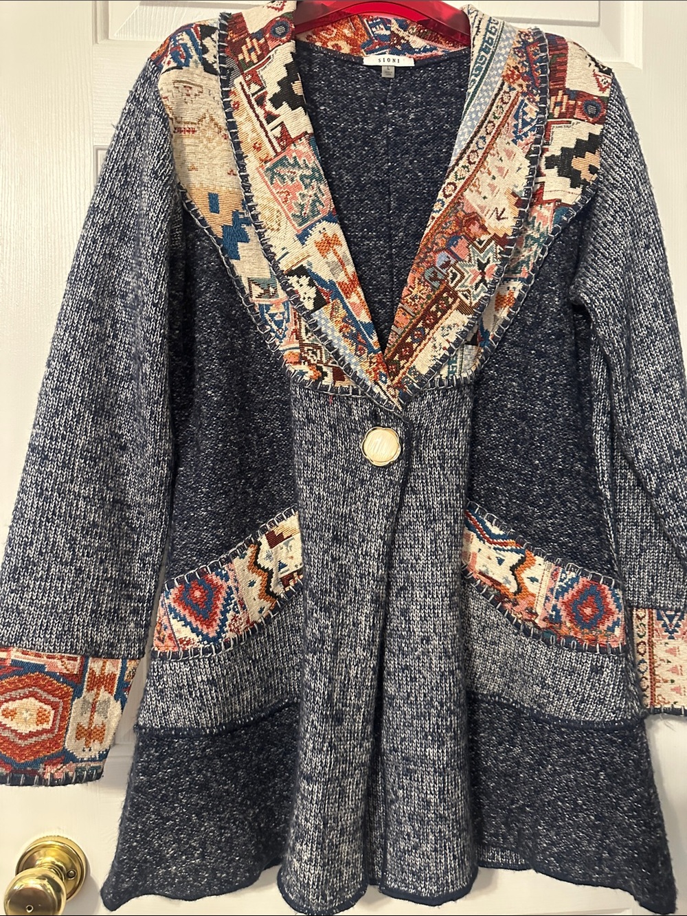 Stylish Knit Coatigan with Aztec Trim - Blue